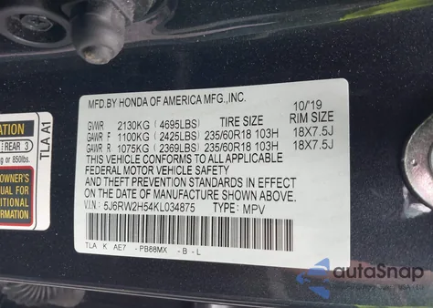 2019 Honda Cr-V Ex из США, поврежденный, VIN 5J6RW2H54KL034875